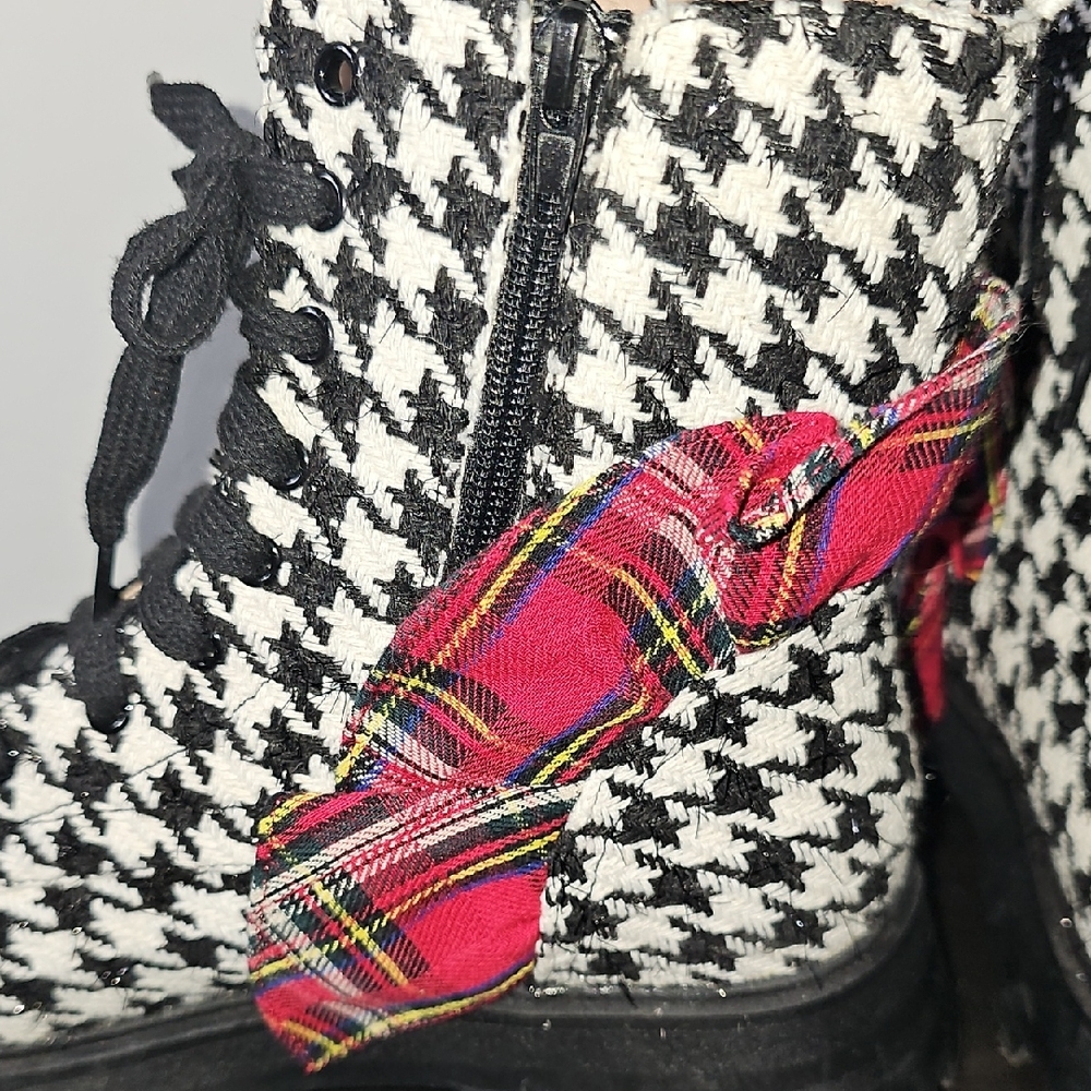 Betsey Johnson Houndstooth Combat Boots with Red Plaid Accent - Picture 4 of 8